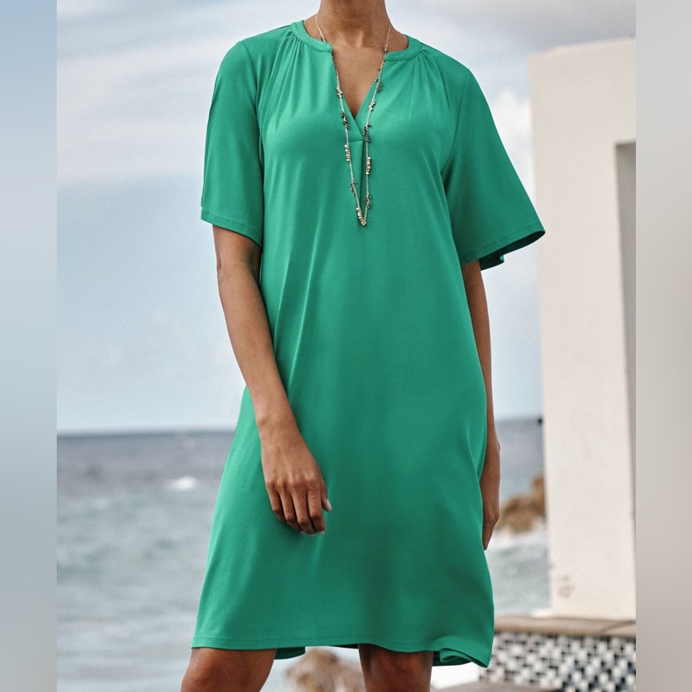 J. Jill NWT Green Shirred Neckline Wearever Shirt Dress Short Sleeve Large
